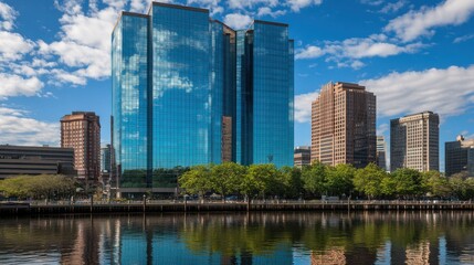 Modern Cityscape with Reflected Buildings Beside Calm Water Under Bright Blue Sky