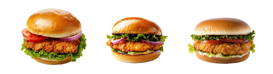 Three Delicious Chicken Sandwiches with Fresh Vegetables and Buns