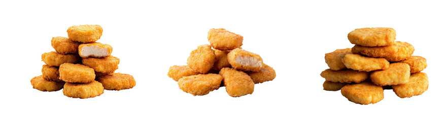 Three Piles of Golden Fried Chicken Nuggets Isolated on White Background