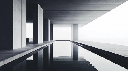 A long, empty pool with a reflection of the sky in the water. The pool is surrounded by pillars and is located in a large, empty space