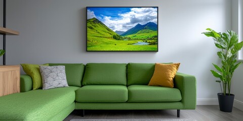 Modern living room featuring a cozy green couch surrounded by warm lighting and inviting decor elements