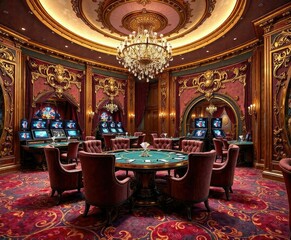 Obraz premium Velvet-draped booths with plush armchairs and intricate carvings adorn the VIP gaming area , sophisticated, high-end, luxurious