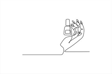 Minimalistic line art of a hand holding a nail polish bottle against a simple background