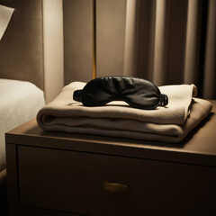 Luxury black silk sleep mask on neatly folded beige blanket on bedside table elegant bedroom relaxation sleep concept