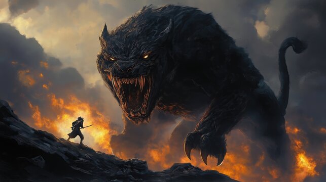 digital illustration of a large caberus with sharp claws and sharp teeth. The caberus is black in color and has a fierce expression on its face.