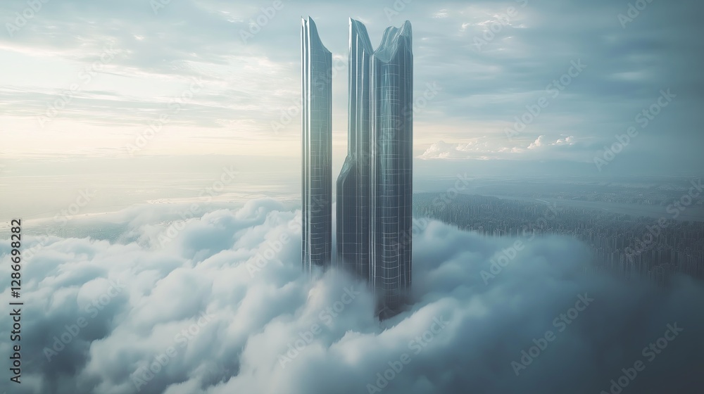 Poster a futuristic skyscraper emerging from the clouds.