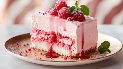 A sumptuous slice of raspberry cheesecake featuring layers of creamy filling and a berry topping, beautifully showcased with artistic garnishments enhancing its visual appeal.