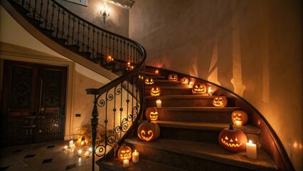 Twisted staircase illuminated by flickering candles and jack o lanterns, dimly lit staircase, eerie staircase, glowing pumpkins, halloween decor