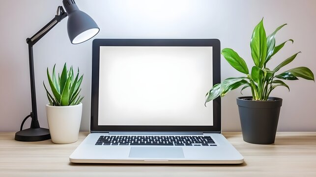 Minimalist Workspace with Laptop and Indoor Plants Featuring Modern Desk Lamp and Natural Elements