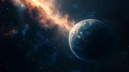 Obraz premium A planet is shown in the middle of a dark sky with a bright orange streak behind it. The planet is surrounded by a lot of stars and the sky is filled with them