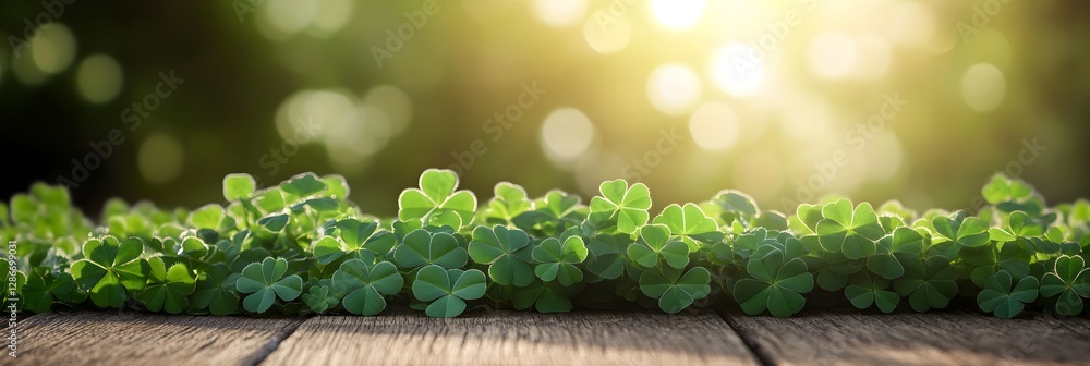 Poster green clover leaves growing on wooden surface in sunlight with bokeh effect. st patrick's day backdr