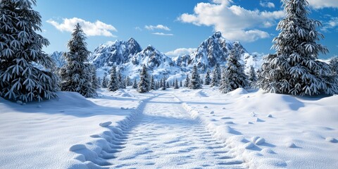 Serene snowy path meandering through a winter forest inviting exploration of nature's beauty and tranquility