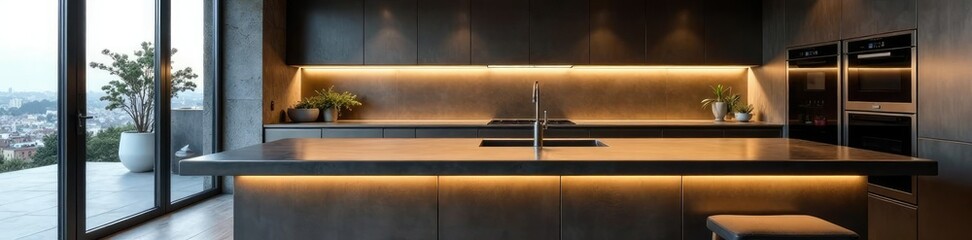 Sleek wet bar with metallic countertop and mirrored backsplash, glass countertops, modern kitchen