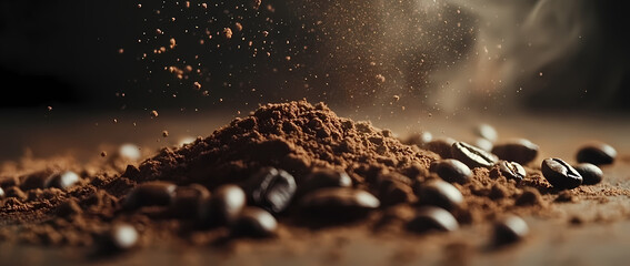 Aromatic Awakening: Coffee beans and ground coffee form a rich tapestry of aromas, with steam rising gently from a fresh blend of roasted flavors.