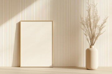 Vase with dried flowers in interior decor. Interior with vase and frame. Interior vase decor