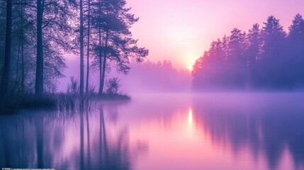 Fototapeta premium Foggy Lake at Sunrise with Forest and Water Reflection Landscape