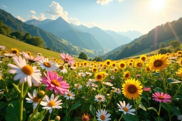 Fototapeta premium Pink and white flowers swaying gently above a potato crop in a sunlit dolomite valley, rustic hills, sunflowers, daisies