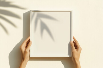 Hands holding empty frame with leaf shadow on the wall. Woman holding white frame. Empty frame in woman hands
