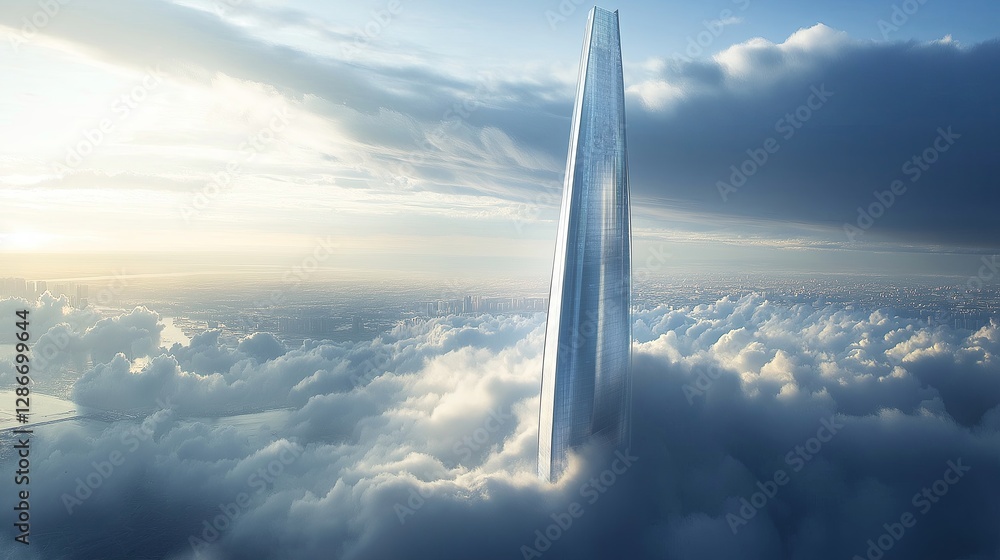 Poster a futuristic skyscraper emerging from the clouds.