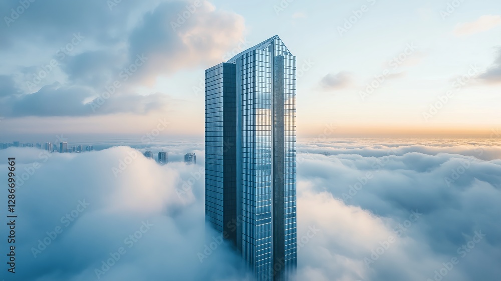 Poster a futuristic skyscraper emerging from the clouds.