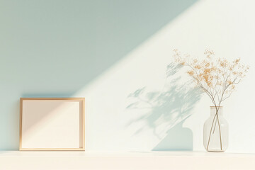 Obraz premium Vase with dried flowers and frame on the shelf in interior. Minimalist decor with vase and frame. Interior with vase and frame