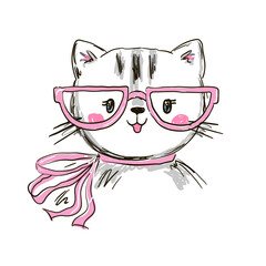 Hand drawn cute cat with glasses. Vector illustration in cartoon style.