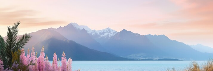 A beautiful mountain range with a blue sky and a calm lake. The mountains are covered in snow and the flowers are pink. The scene is peaceful and serene