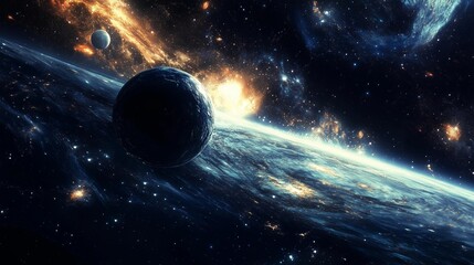 A space scene with a large planet and a smaller one. The scene is full of stars and planets