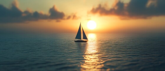 A sailboat cuts through the stillness of the ocean at sunset, embodying peace and serenity in a breathtaking seascape setting.