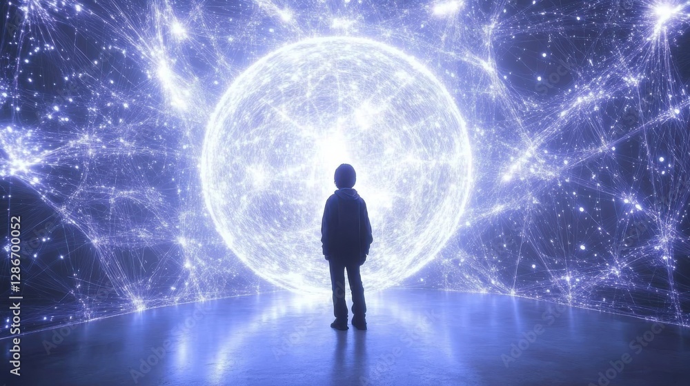 Poster child stands before a large glowing sphere surrounded by ethereal light and cosmic patterns