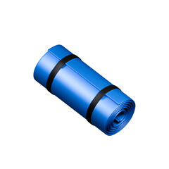 Realistic 3d detailed blue exercise mat, rolled up foam yoga mat. 3d illustration on isolated background