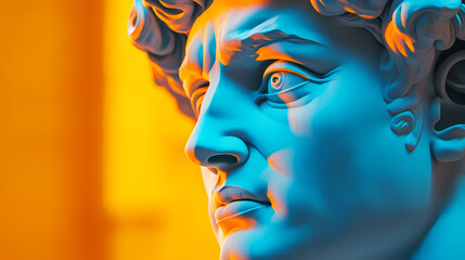 David Sculpture Under Dramatic Light: An up-close view of the iconic David sculpture, its marble surface illuminated by a vibrant interplay of cool and warm colors.