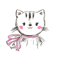 Hand drawn cute cat. Vector illustration in cartoon style.