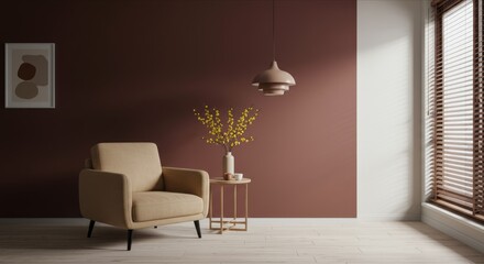 Minimalist room. Beige armchair, side table with flowers, deep brown wall, light hardwood floor. Modern, elegant.