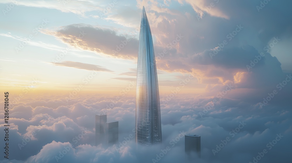 Poster a futuristic skyscraper emerging from the clouds.
