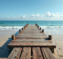 Obraz premium Wooden planks of the docks resting on the beach, wooden pier at the beach, coastal scenery with dunes, serene atmosphere