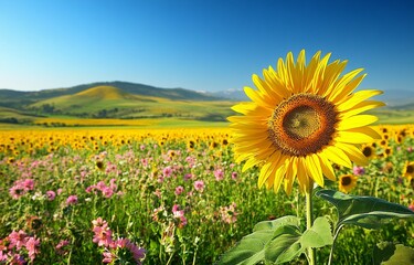 Fototapeta premium A big sunflower blooms on a bright day amid a field of pink flowers and sunflowers.