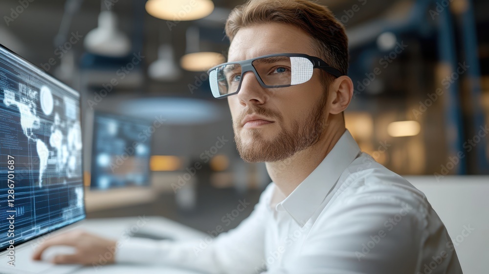 Aufkleber a focused man with glasses gazes at a computer screen displaying a detailed world map, immersed in t