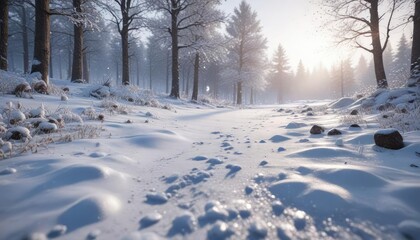 Obraz premium Winter wonderland scene with snow-covered ground and falling flakes, landscape, frozen, snowfall