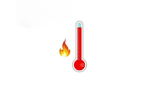 Hot thermometer with fire flame animation. Hot Weather season icon.
