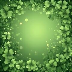 St patrick day shamrock clover frame on green background with bokeh effects and copy space. Irish traditional festive border for march celebration greeting card