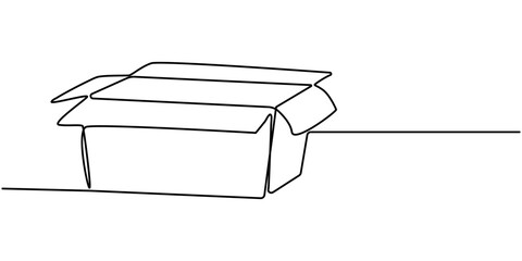 Single one line drawing open white gift box with ribbon and bow. Greeting present package. Decorative gift or cardboard box with bow. Modern continuous line draw design graphic vector illustration. 