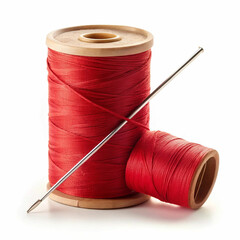 A spool of vibrant red thread with a sewing needle resting