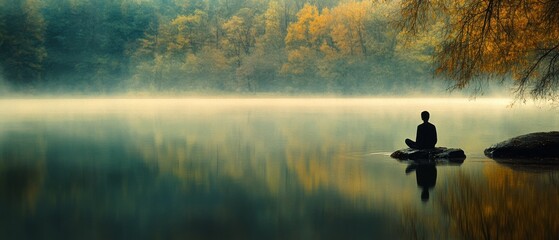 A lone figure meditates on a rock beside misty waters, surrounded by autumn's golden forest, embodying peaceful solitude and harmony.