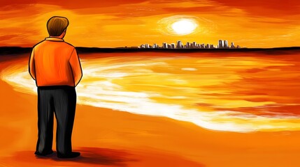 Man Standing at the Beach Watching a Vibrant Sunset Over a Distant City Skyline