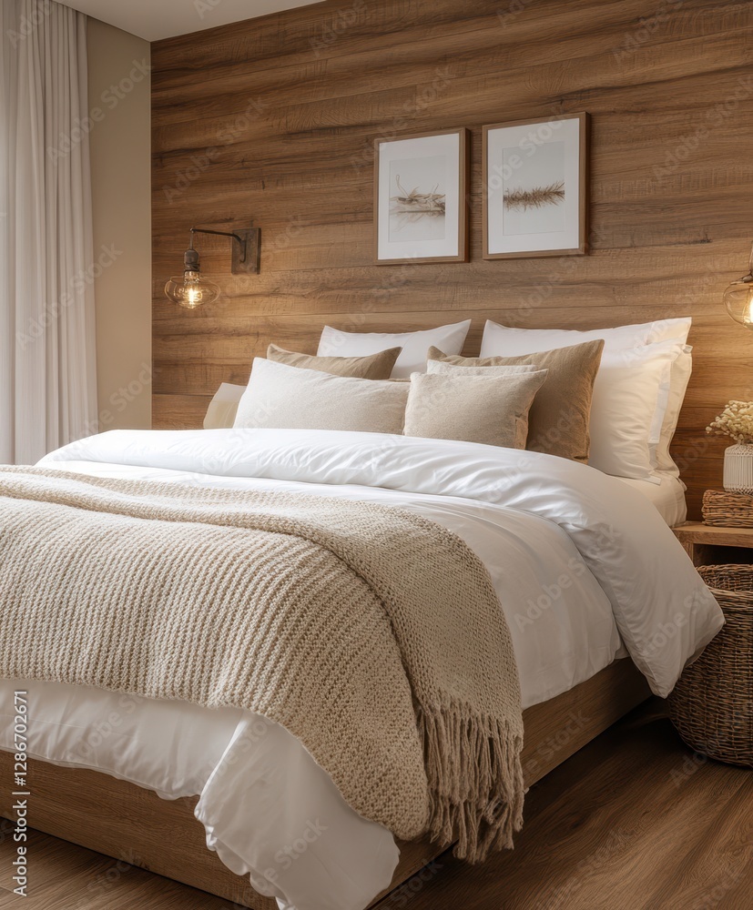 Aufkleber a serene bedroom featuring an elegant bed adorned with white linens and plush pillows, creating a ca