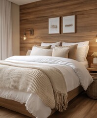 A serene bedroom featuring an elegant bed adorned with white linens and plush pillows, creating a calming and inviting atmosphere.
