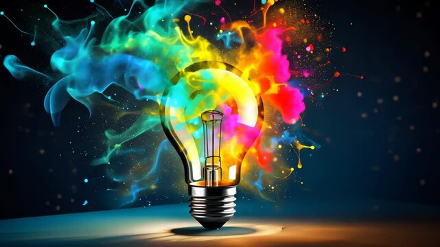 Creative concept light bulb explodes with colorful water colors on a light blue background. Think different, creative idea. Productivity and creativity. Banner, copy space.