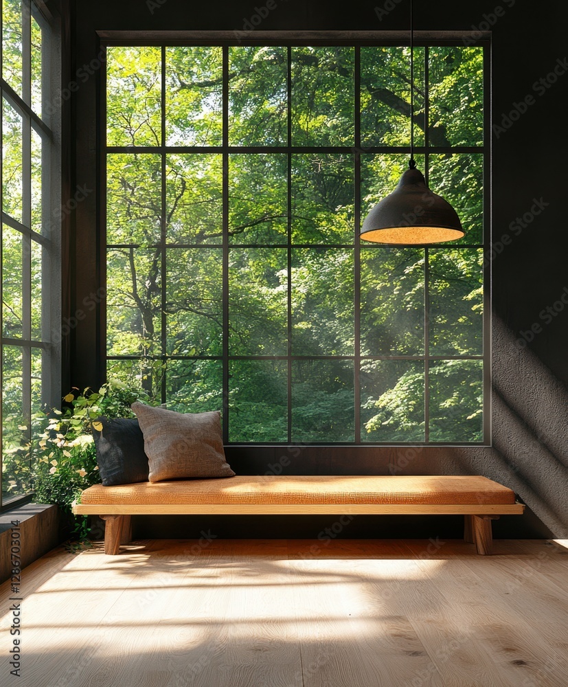 Poster a cozy bench positioned beneath a window, illuminated by a hanging lamp, creating a warm and invitin