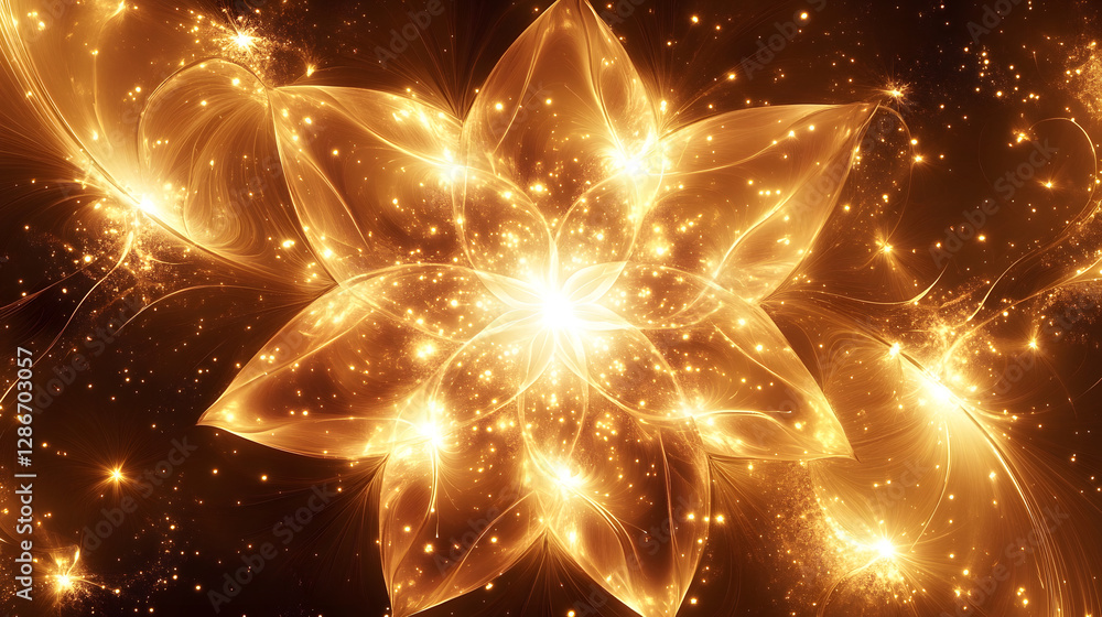 Poster golden flower with stars in the background creating a dreamlike atmosphere and vivid colors in a sur